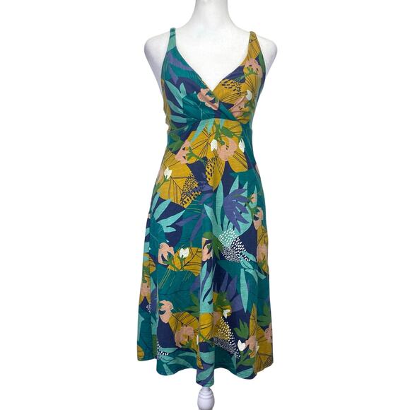 PATAGONIA Amber Dawn Dress Organic Jersey Athletic Strappy Tropical Print Sz XS - Picture 1 of 9